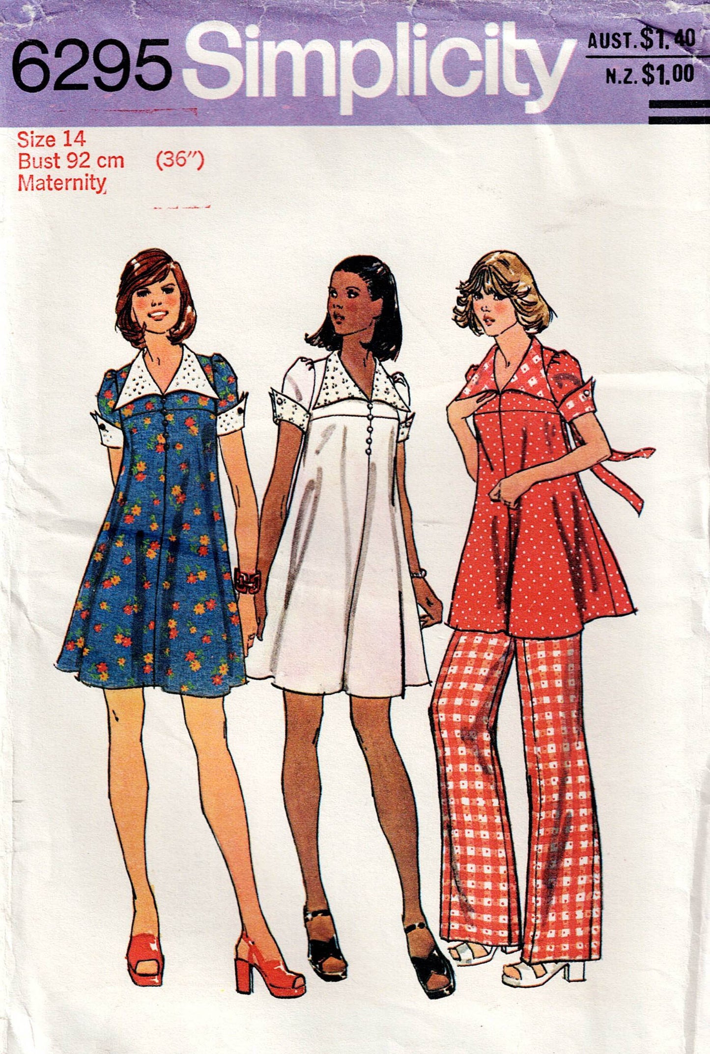 Patrón de costura vintage de los años 70 para vestido y pantalón de maternidad retro Simplicity 6295 para mujer, talla 12 o 14, sin cortar, doblado de fábrica