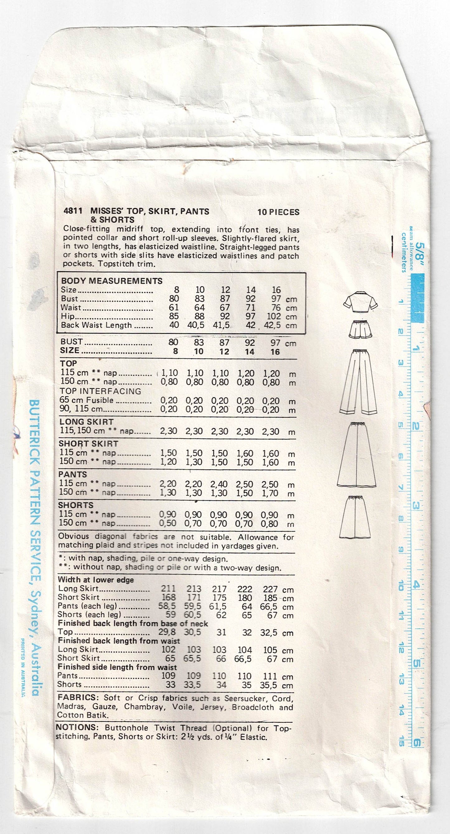 Butterick 4811 JOHN KLOSS Womens Midriff Shirt Pants Shorts & Maxi/Midi Skirt 1970s Vintage Sewing Pattern Size 8 Bust 31.5 inches