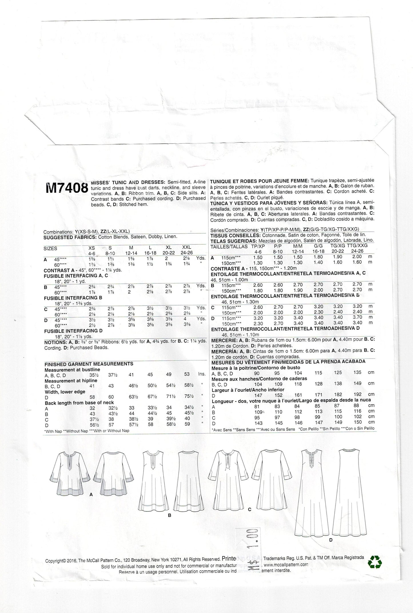 McCall's 7408 Womens EASY Pullover Caftan Dress or Top Out Of Print Sewing Pattern Size XS - M or L - XXL UNCUT Factory Folded
