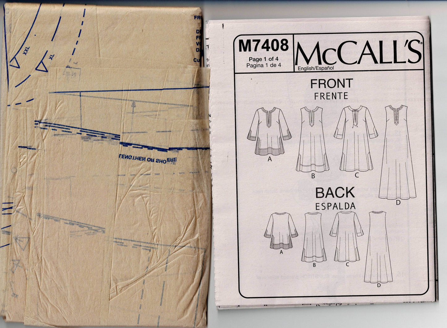 McCall's 7408 Womens EASY Pullover Caftan Dress or Top Out Of Print Sewing Pattern Size XS - M or L - XXL UNCUT Factory Folded