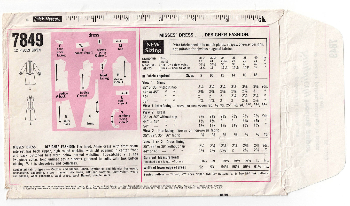 Patrón de costura vintage de los años 60 para vestido de mujer Simplicity 7849, corte en A, con detalle de costura frontal, talla 12, busto de 34 pulgadas, sin cortar, doblado de fábrica