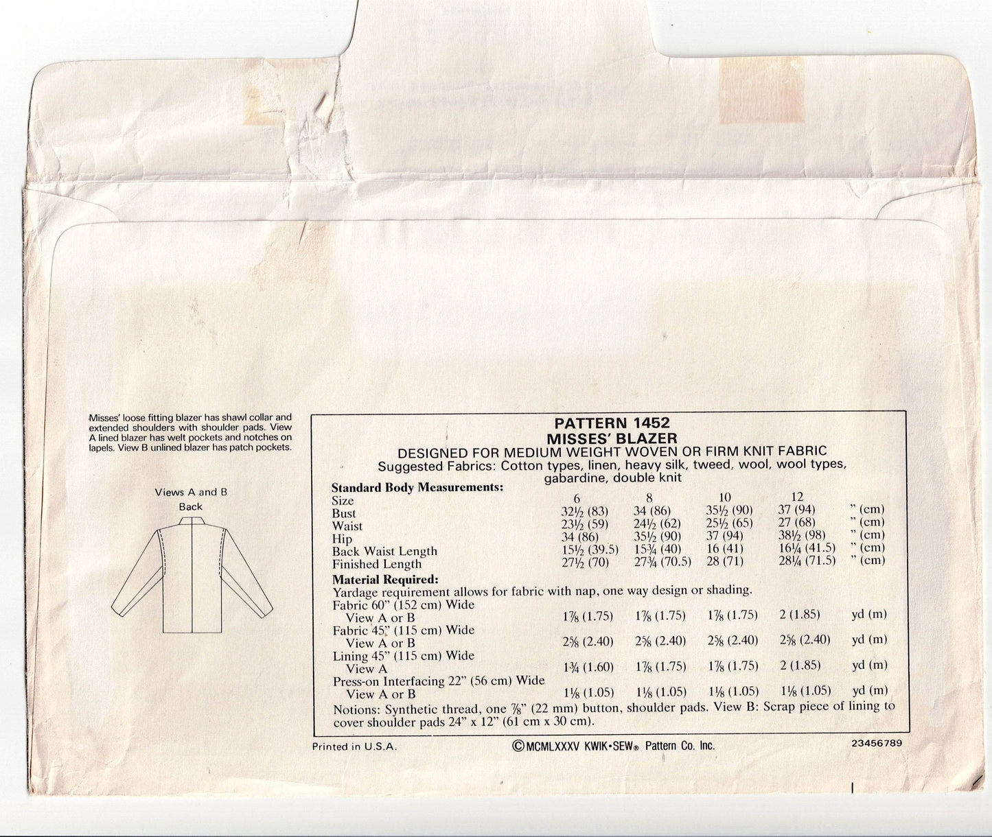 Kwik Sew 1452 Womens Blazer Style Jackets 1980s Vintage Sewing Pattern Bust 32.5 - 37 inches UNCUT Factory Folded