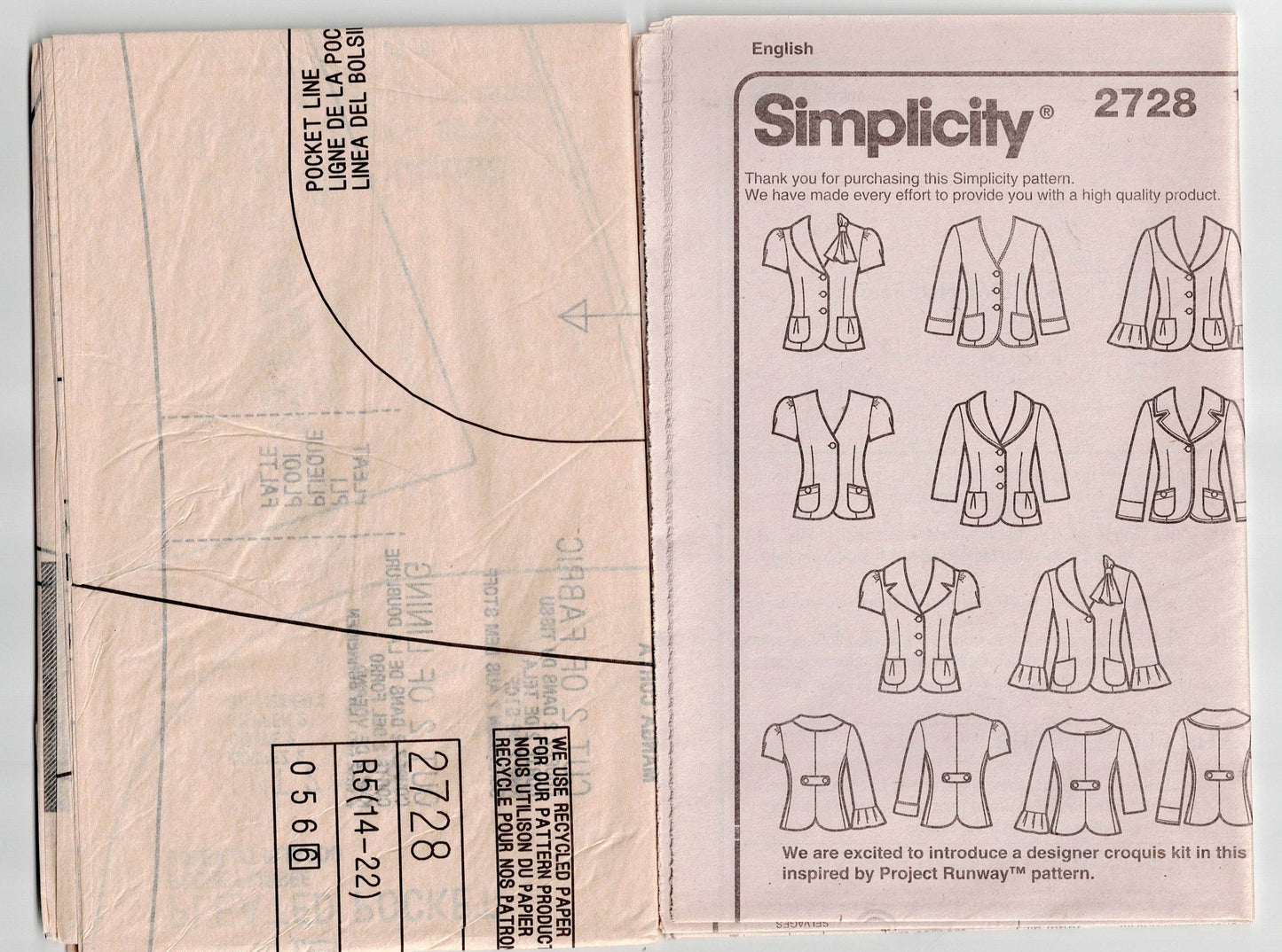 Simplicity 2728 PROJECT RUNWAY Womens Shaped Jackets Out Of Print Sewing Pattern Size 14 - 22 UNCUT Factory Folded