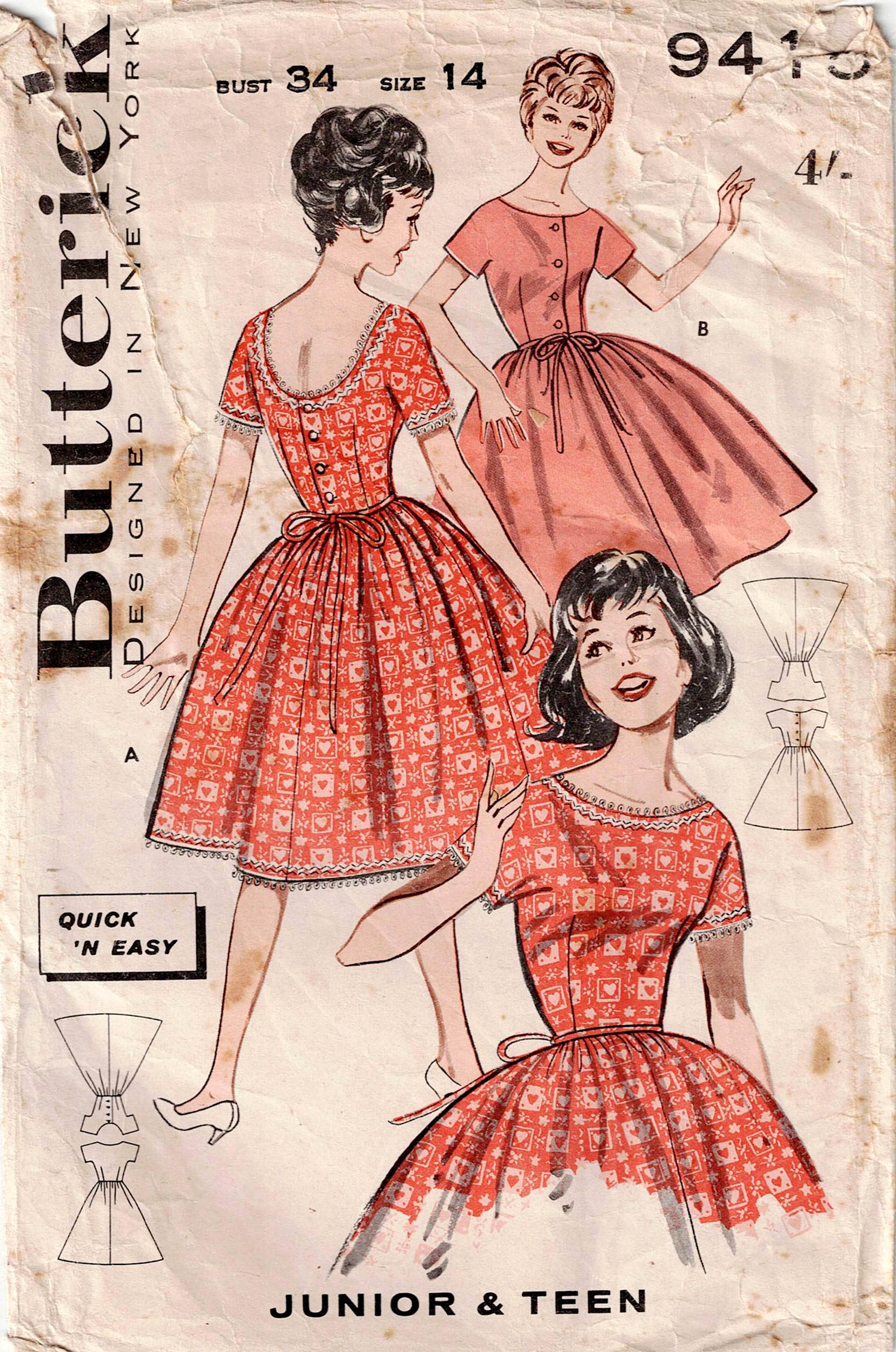 Butterick 9415 EASY Teens Full Skirt Dress 1960s Vintage Sewing