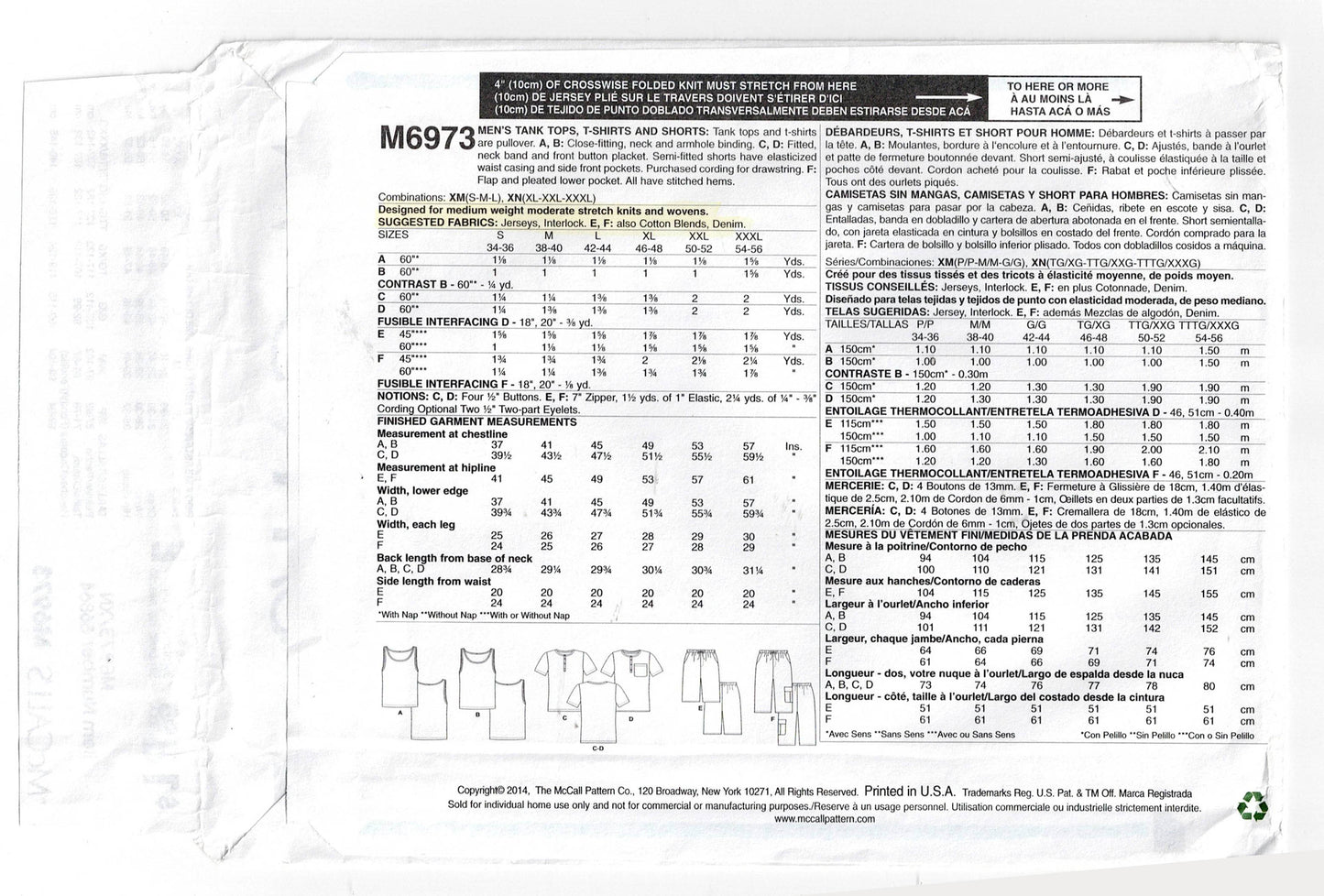 Patrón de costura para camisetas sin mangas y pantalones cortos cargo para hombre de McCall's 6973 en tallas grandes, tallas XL a 3XL, sin cortar, doblado de fábrica