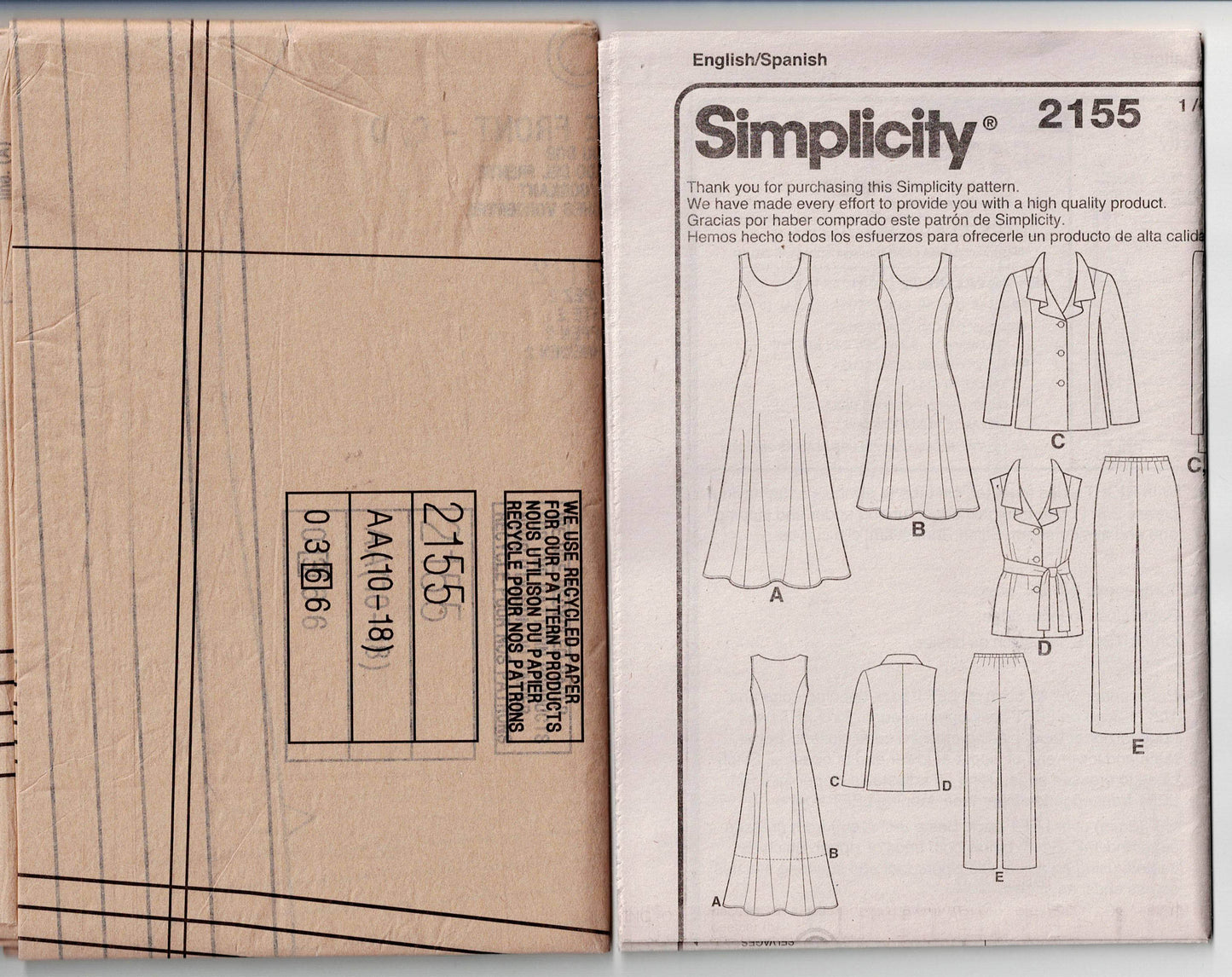 Simplicity 2155 Womens Pinafore Dress Pants Jacket & Vest Out Of Print Sewing Pattern Size 10 - 18 UNCUT Factory Folded