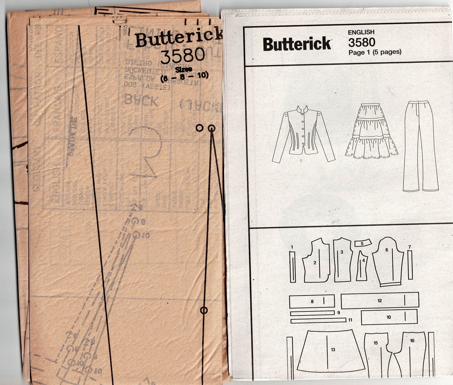 Patrón de costura sin cortar de Butterick 3580 para mujer, chaqueta con cuello alto, falda y pantalones escalonados, talla 6-10, doblado de fábrica