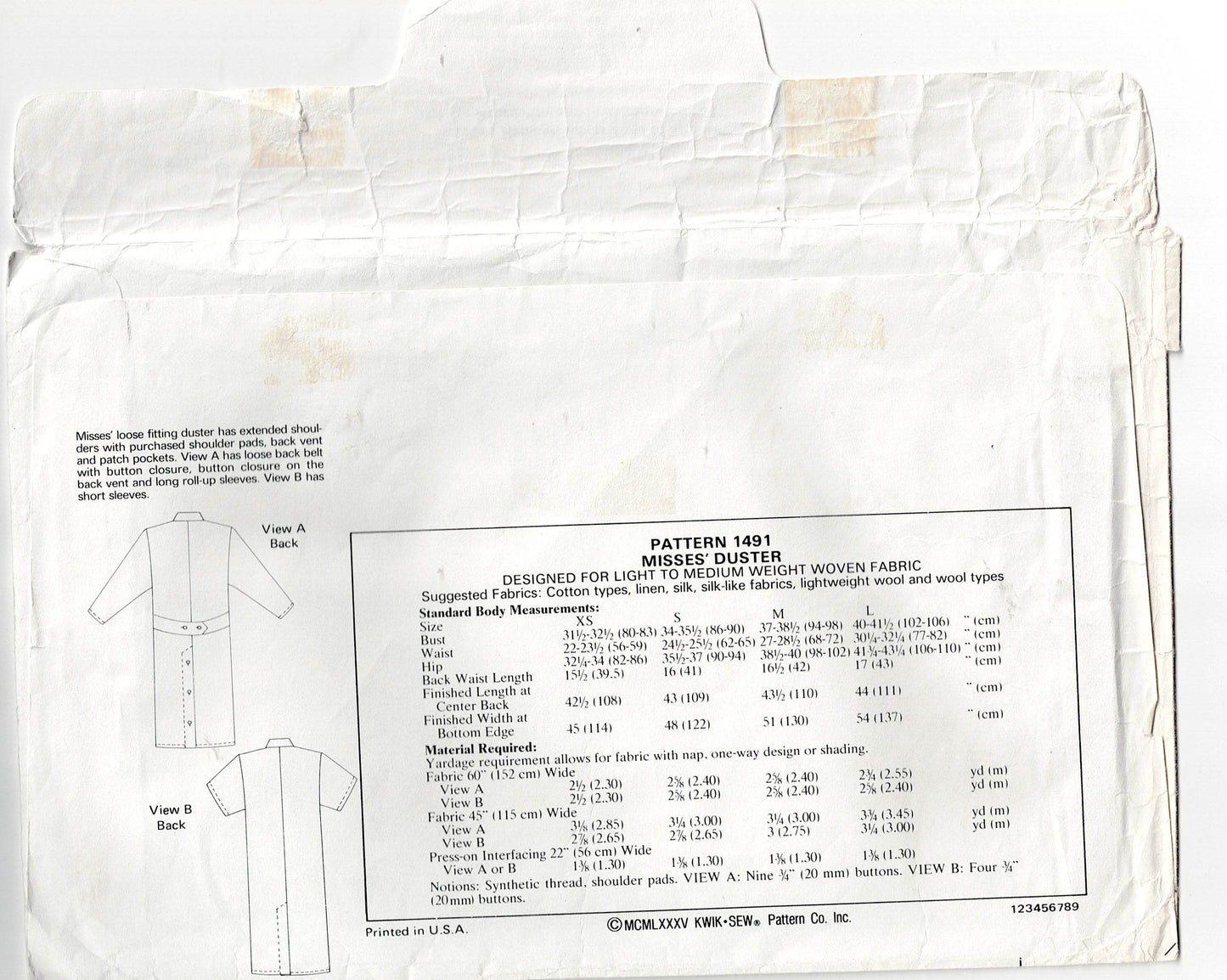 Patrón de costura vintage de los años 80 para abrigo largo Kwik Sew 1491 para mujer, talla XS-L, sin cortar, doblado de fábrica