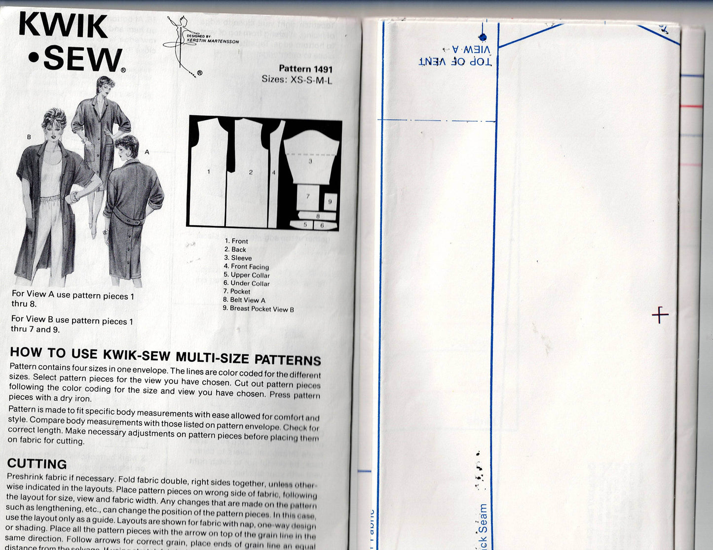 Patrón de costura vintage de los años 80 para abrigo largo Kwik Sew 1491 para mujer, talla XS-L, sin cortar, doblado de fábrica