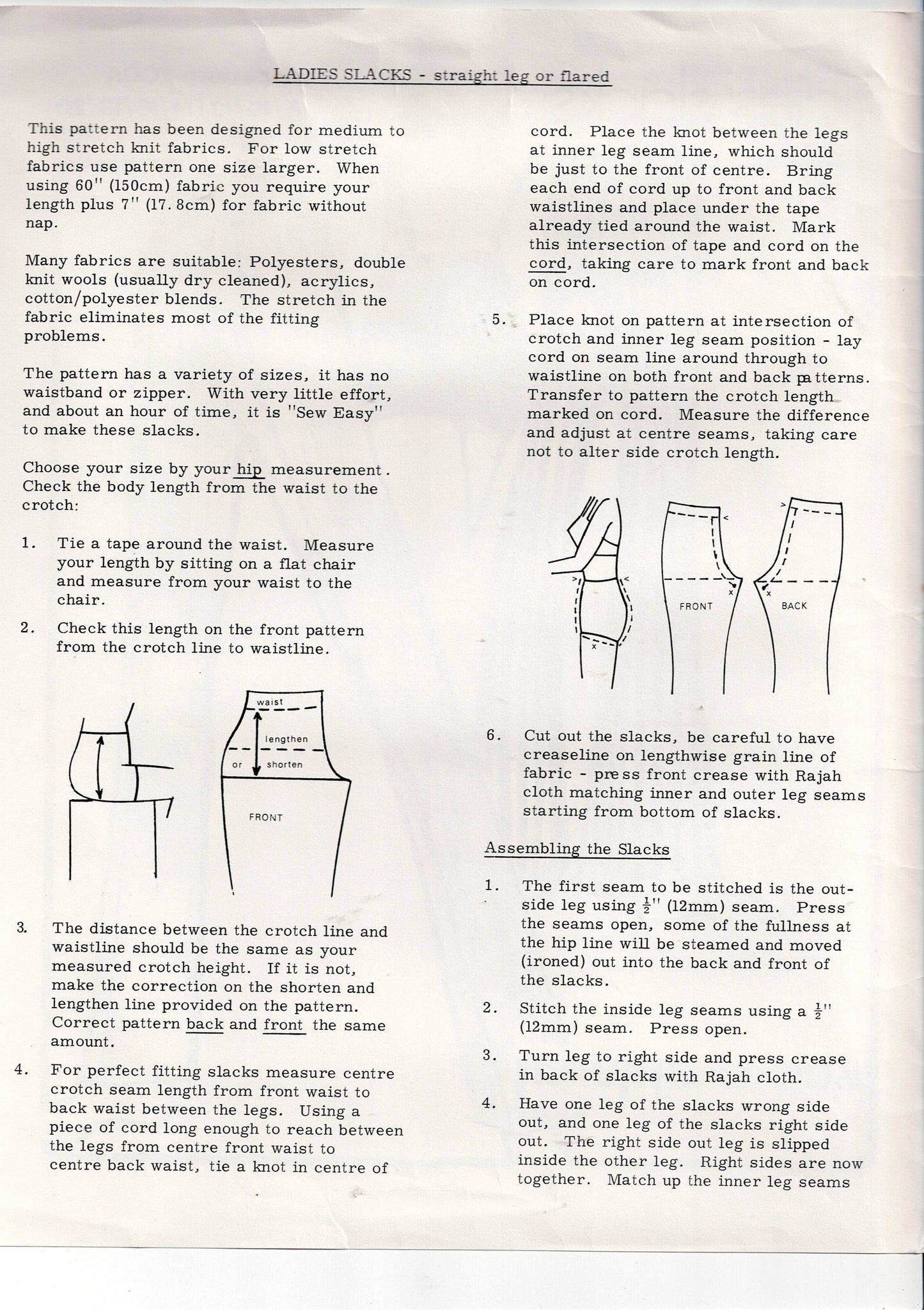 Knit N Stretch 200 A Womens Stretch Straight Leg or Bell Bottom Pants 1970s Vintage Sewing Pattern Sizes 8 - 20 UNCUT