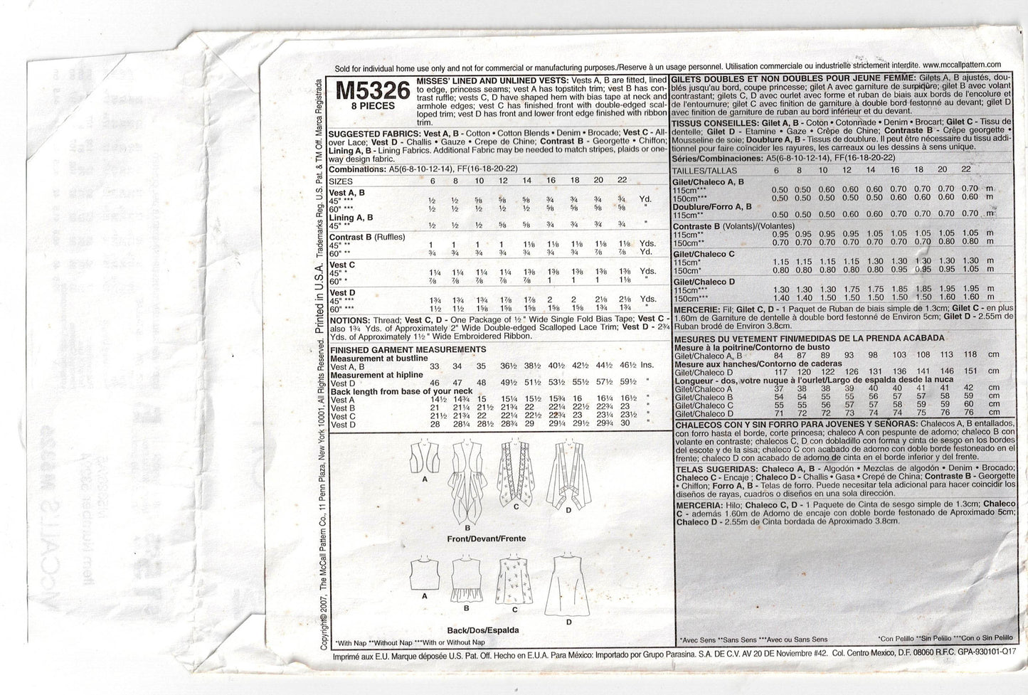 McCall's M5326 Womens Lined & Unlined Draped Vests Out Of Print Sewing Pattern Sizes 6 - 14 UNCUT Factory Folded