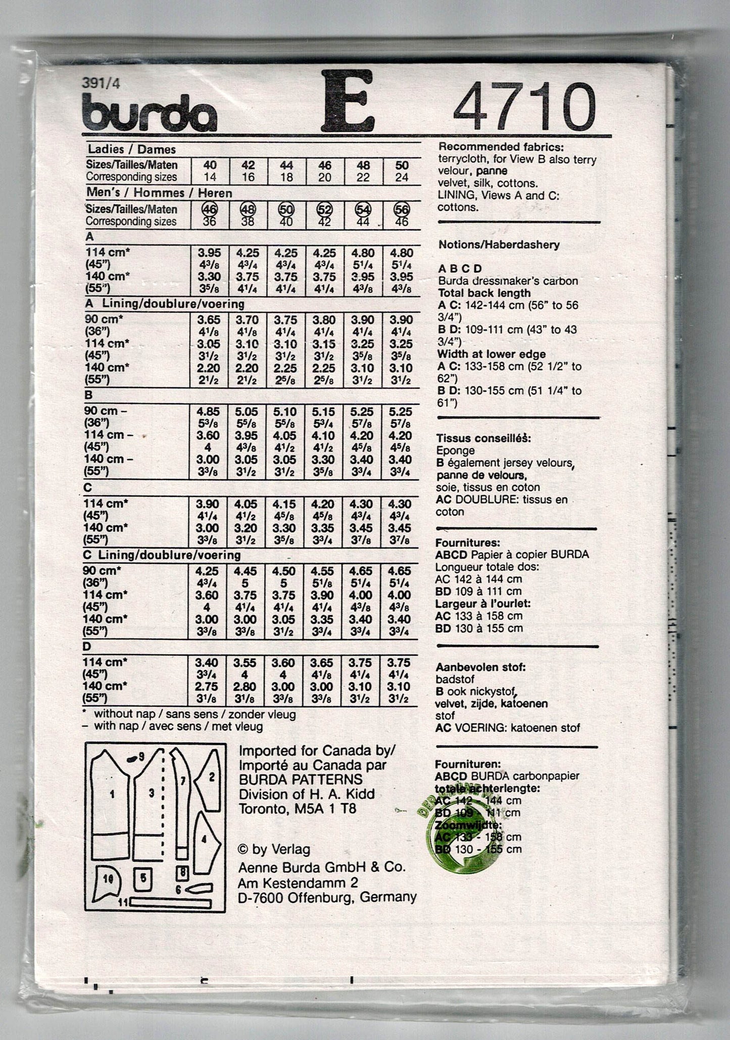 Burda 4720 Womens Mens UNISEX Robe Dressing Gown with Optional Hood 1980s Vintage Sewing Pattern Sizes 14 - 24 UNCUT Factory Folded