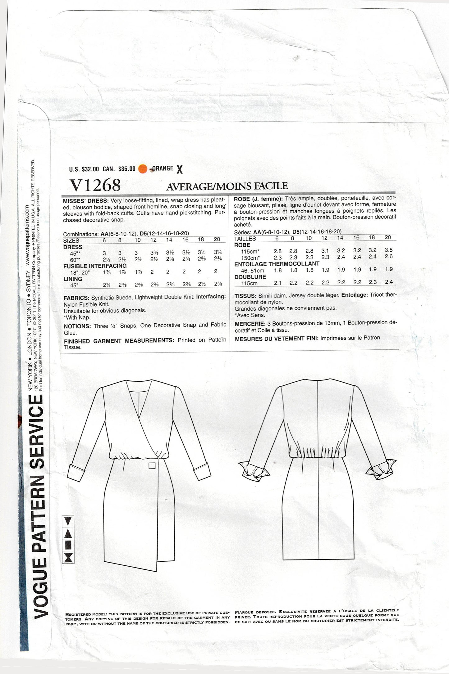 Vogue Paris Original 1268 GUY LAROCHE Womens Wrap Dress with Wide Cuffs Out Of Print Sewing Pattern Size 12 - 20 UNCUT Factory Folded