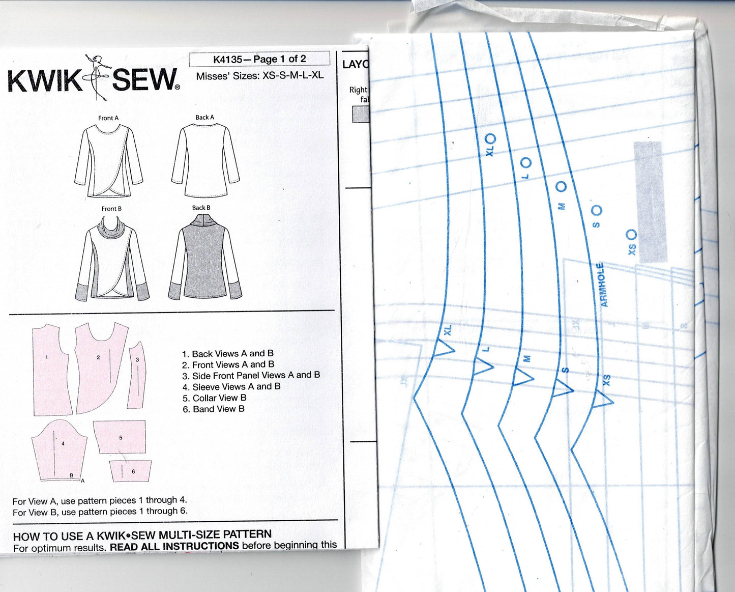 Kwik Sew 4135 Womens Stretch Pullover Cowl Mock Wrap Tops Out Of Print Sewing Pattern Size XS - XL UNCUT Factory Folded