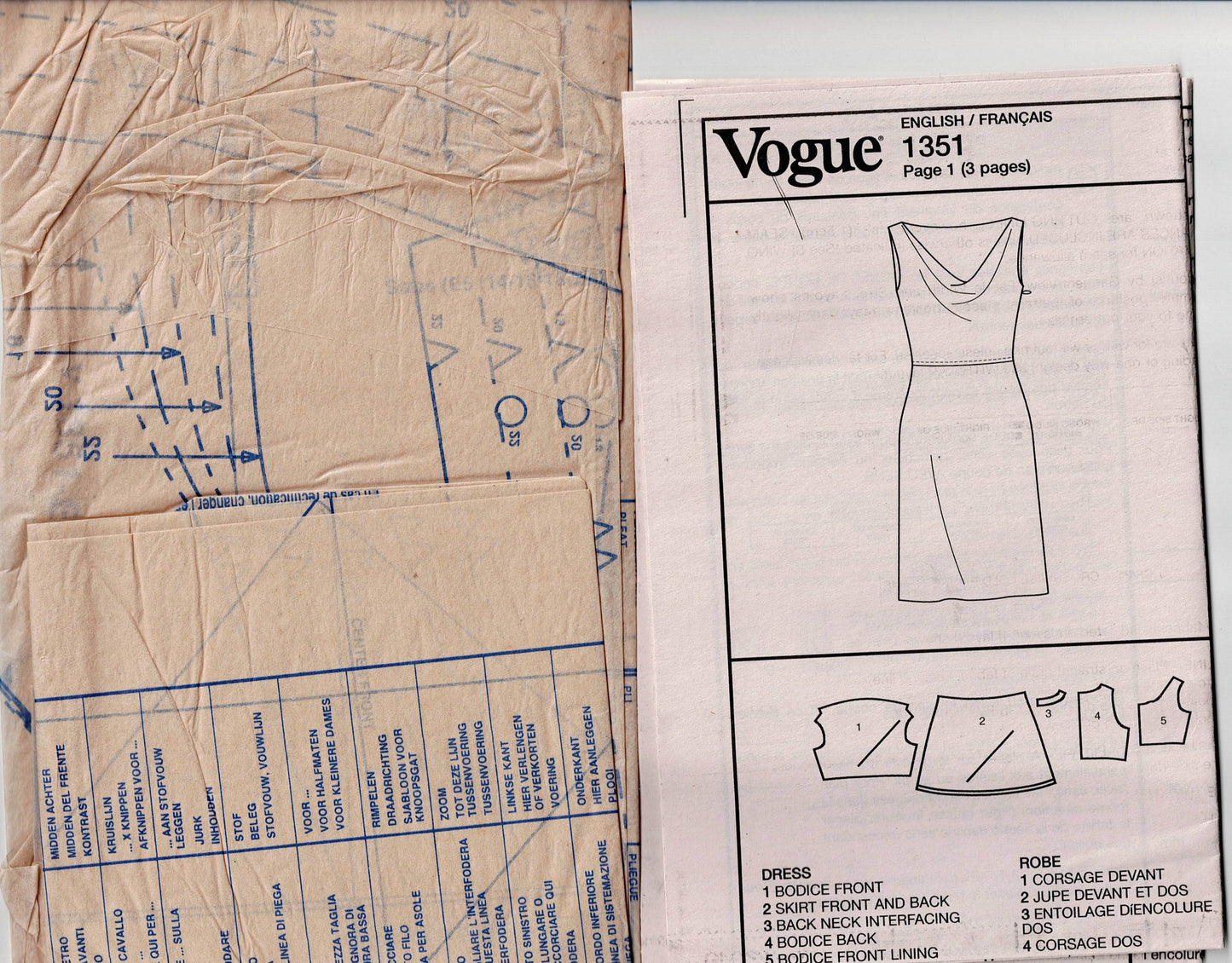 Vogue American Designer V1351 DONNA KARAN New York Womens Lined Bias Cut Dress with Draped Neckline Out Of Print Sewing Pattern Size 14 - 22 UNCUT Factory Folded