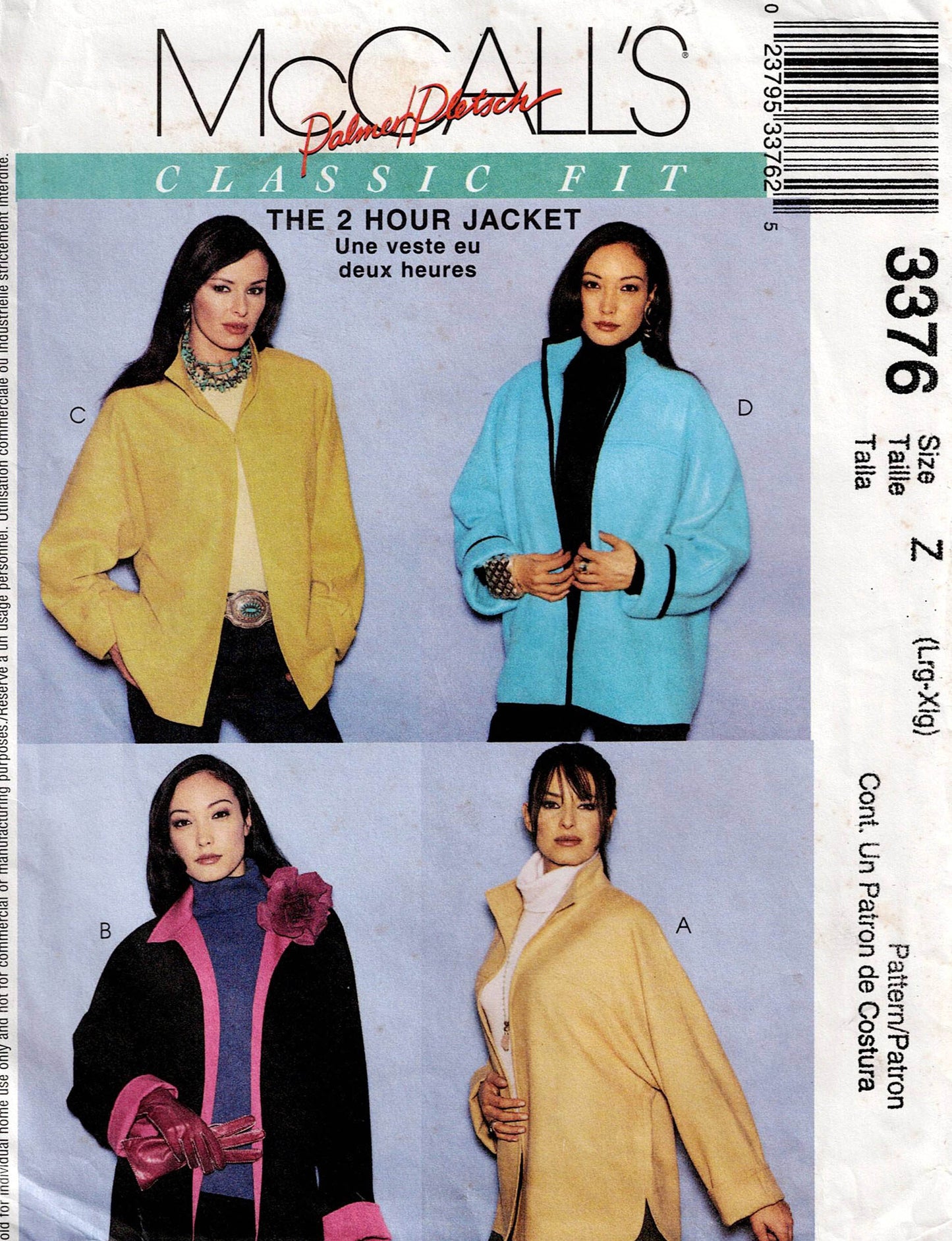 Patrón de costura agotado para chaqueta extragrande McCall's 3376 PALMER/PLETSCH de 2 horas para mujer, talla XS-MED o L-XL, sin cortar, doblado de fábrica