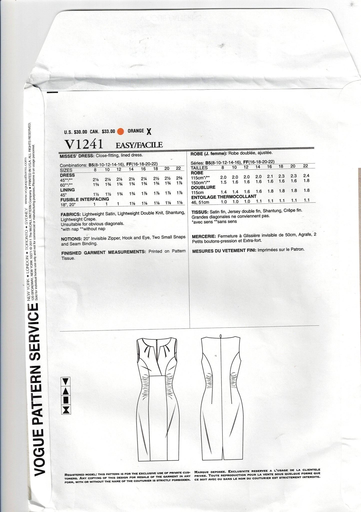 Vogue American Designer 1241 KAY UNGER Womens Lined Sheath Dress with Ruched Bodice Out Of Print Sewing Pattern Size 16 - 22 UNCUT Factory Folded