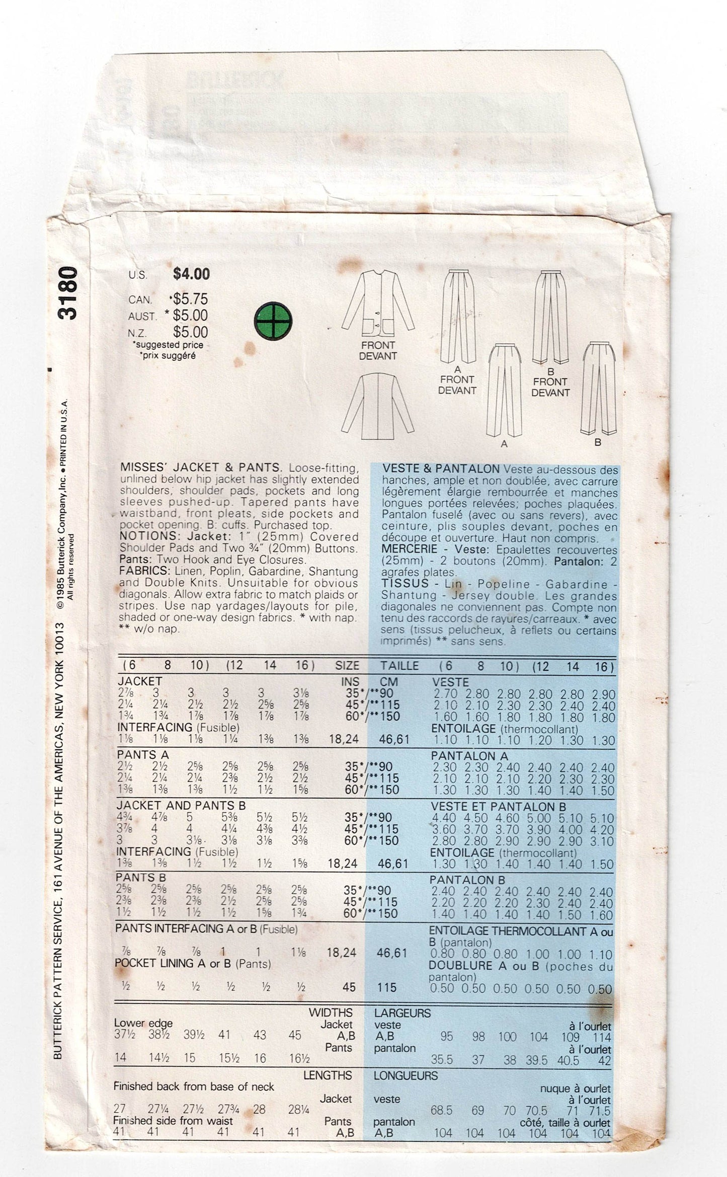 Butterick 3180 Womens Pants Suit 1980s Vintage Sewing Pattern Size 12 - 16 UNCUT Factory Folded