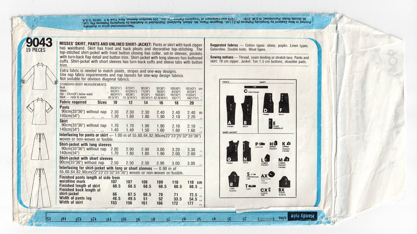 Simplicity 9043 Womens Cargo Jacket Skirt & Pants 1970s Vintage Sewing Pattern Size 18 Bust 40 inches