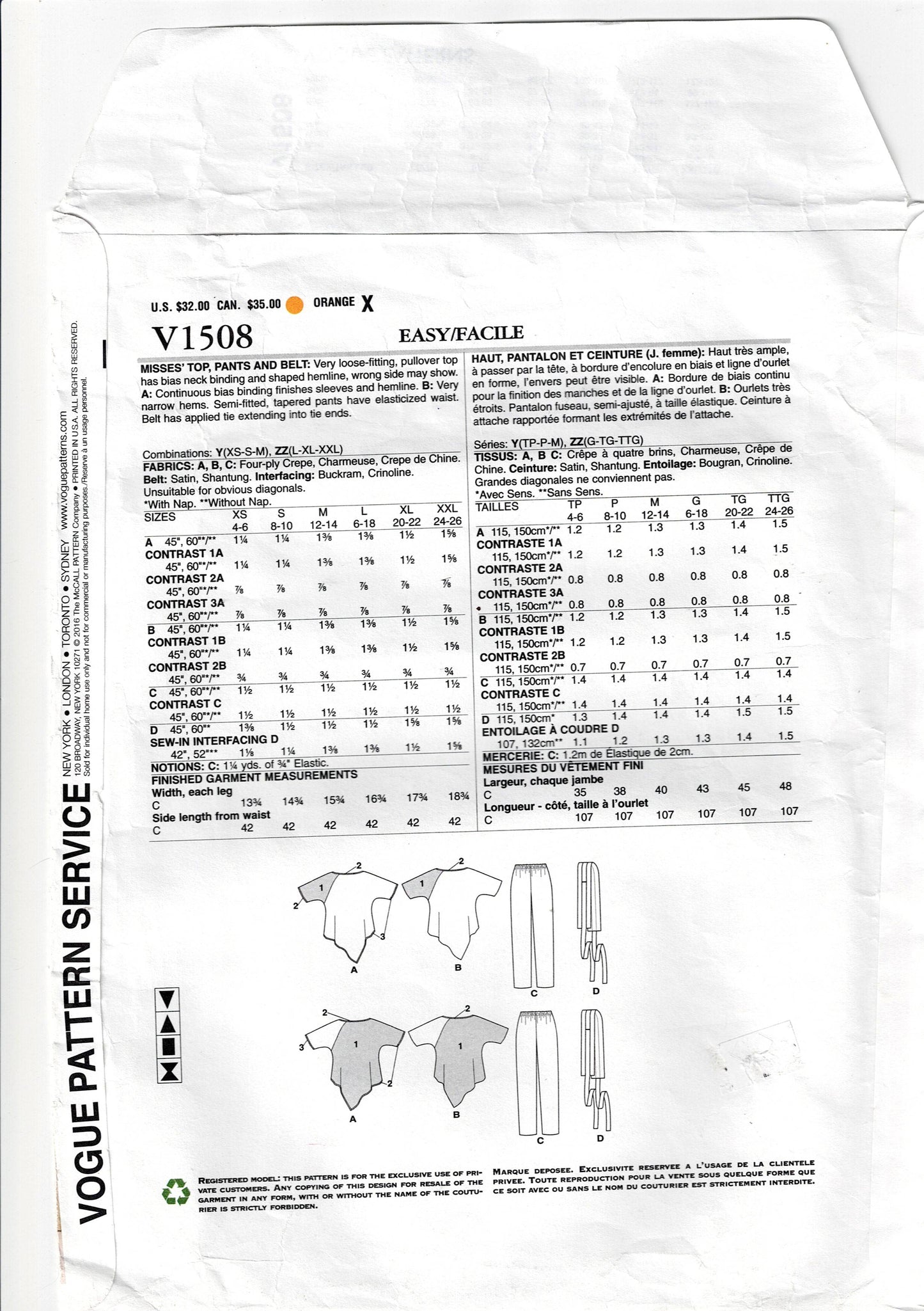 Patrón de costura original de diseñador Vogue 1508 ZANDRA RHODES para blusa y pantalones de noche asimétricos agotados, tallas L a XL, sin cortar, doblado de fábrica