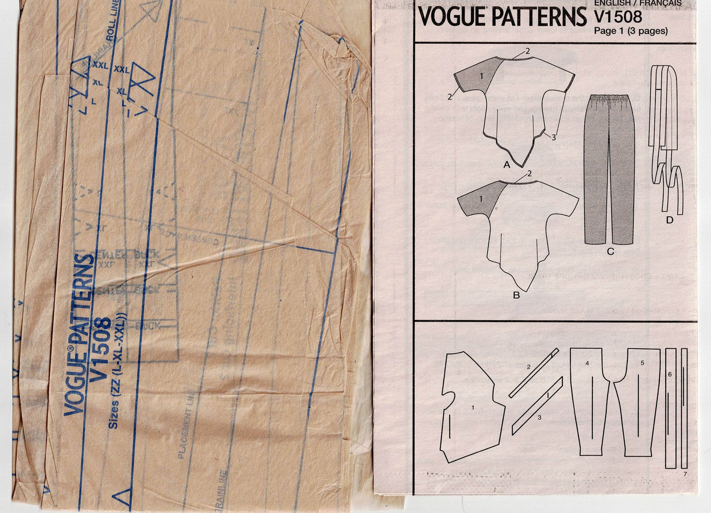 Patrón de costura original de diseñador Vogue 1508 ZANDRA RHODES para blusa y pantalones de noche asimétricos agotados, tallas L a XL, sin cortar, doblado de fábrica