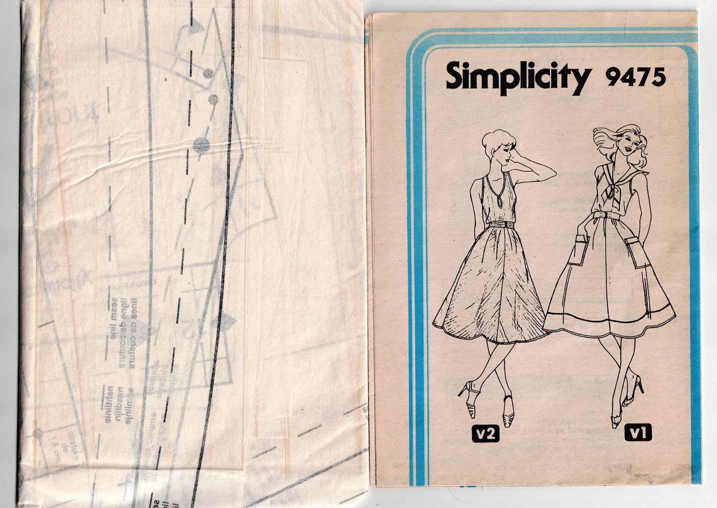 Patrón de costura vintage de los años 80 Simplicity 9475 para vestido tipo jersey con falda amplia y cuello marinero opcional para mujer, talla 14, busto de 36 pulgadas, sin cortar, doblado de fábrica