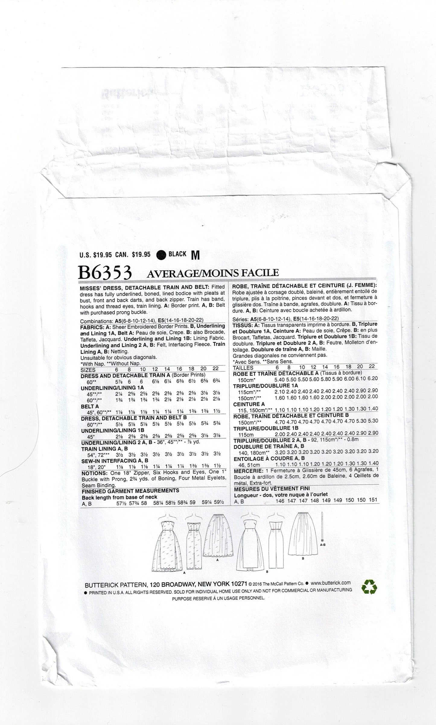 Butterick B 6353 GERTIE'S Womens Boned Bodice Strapless Evening Prom Gown with Detachable Train & Belt Out Of Print Sewing Pattern Size 6 - 14 UNCUT Factory Folded
