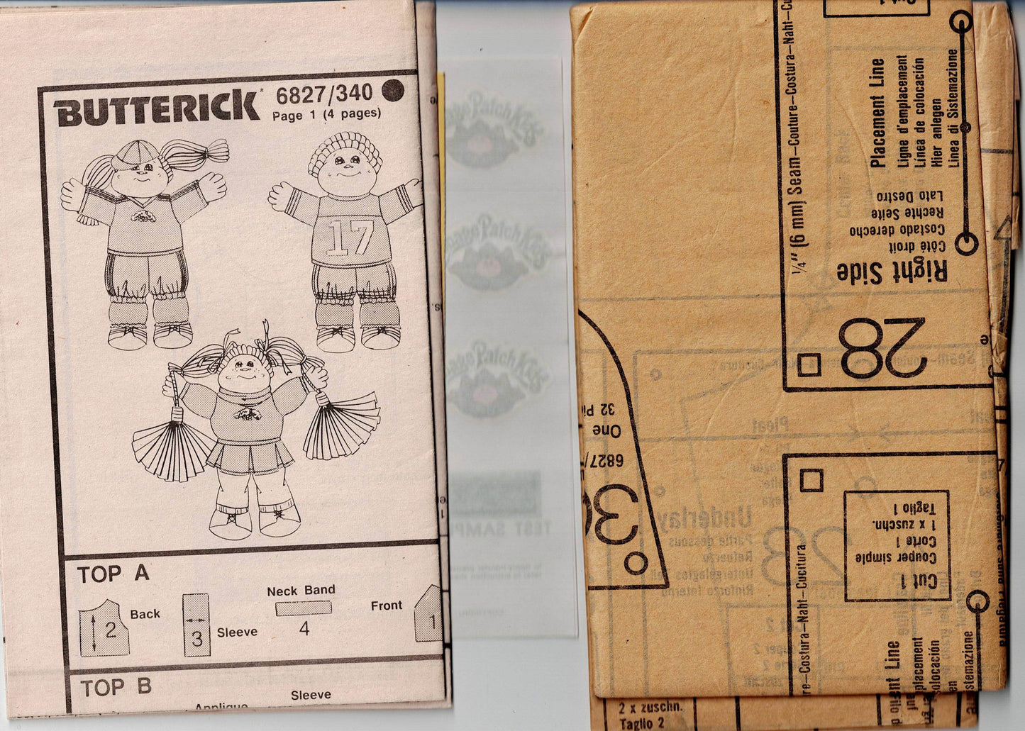 Butterick 6827 CABBAGE PATCH KIDS Dolls Clothes Baseball Football & Cheerleader 1980s Vintage Sewing Pattern with Iron On Transfers UNCUT Factory Folded