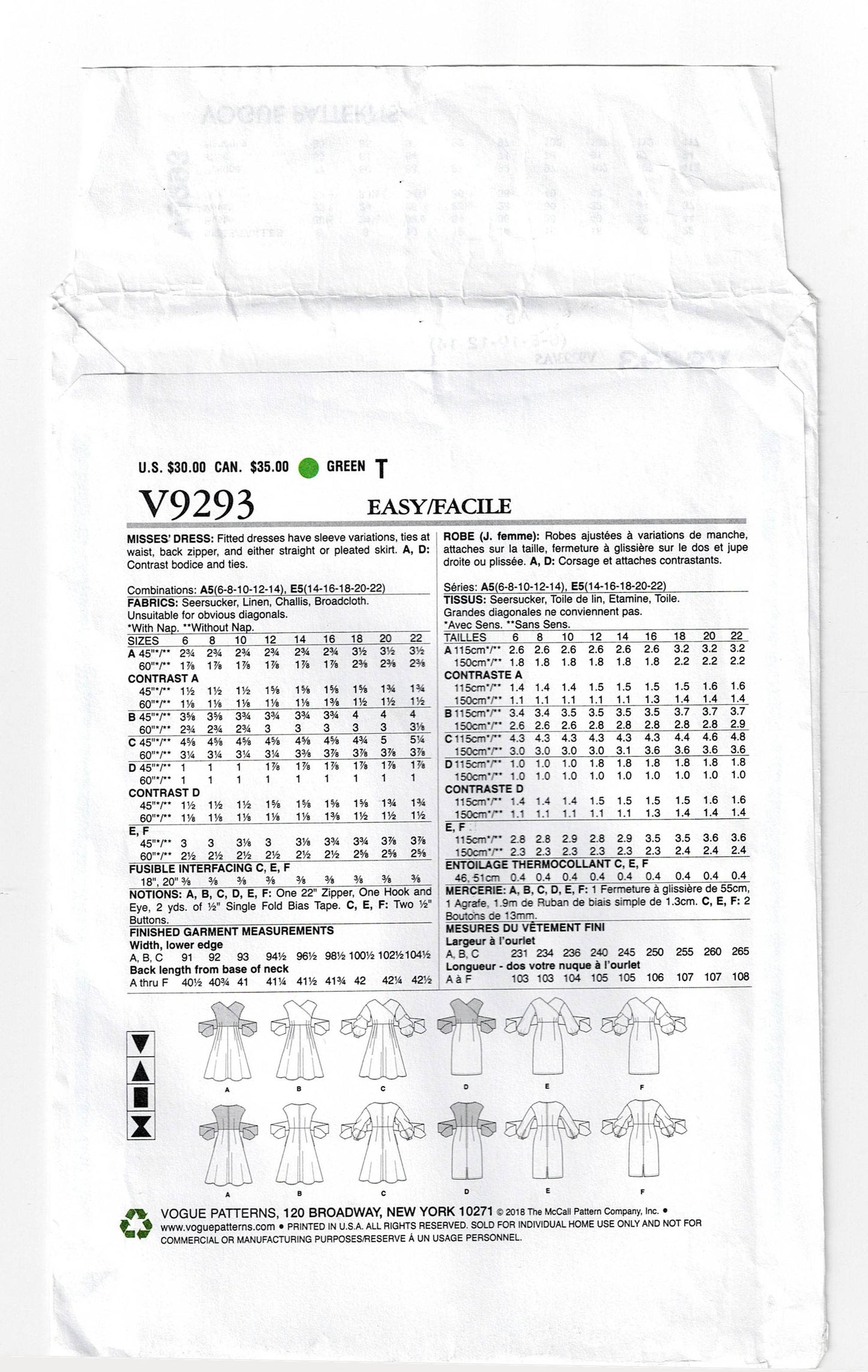Vogue Easy Options 9293 Womens Wrap Bodice Tied Waist Dress Out Of Print Sewing Pattern Size 6 - 14 UNCUT Factory Folded