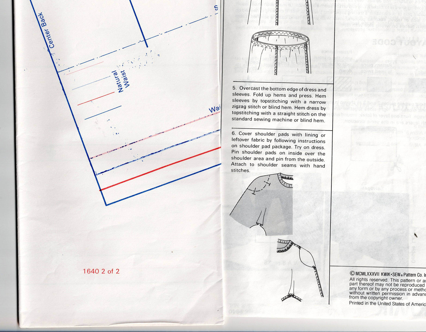 Patrón de costura vintage de los años 80, sin cortar, doblado de fábrica, para mujer, con falda amplia elástica y mangas dolman, Kwik Sew 1640, talla XS a L