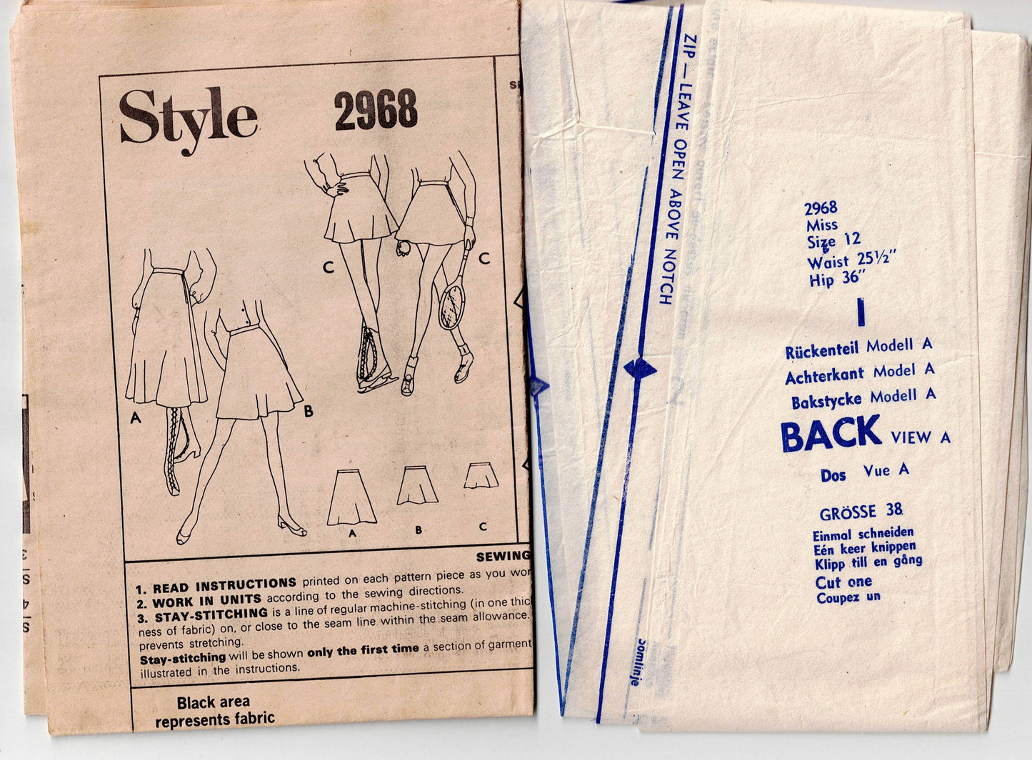 Patrón de costura vintage de los años 70, estilo 2968, para faldas de corte bies o de tenis para mujer, en 3 largos, talla 12, cintura 25,5 pulgadas