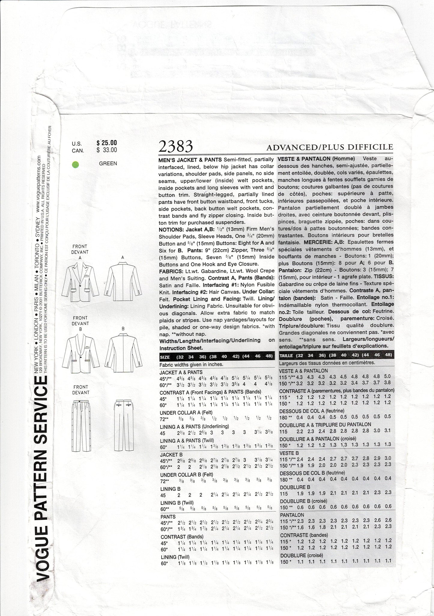 Patrón de costura Vogue 2383 para chaqueta y pantalones a medida para hombre, para fiesta de graduación, boda, talla 32-36, sin cortar, doblado de fábrica