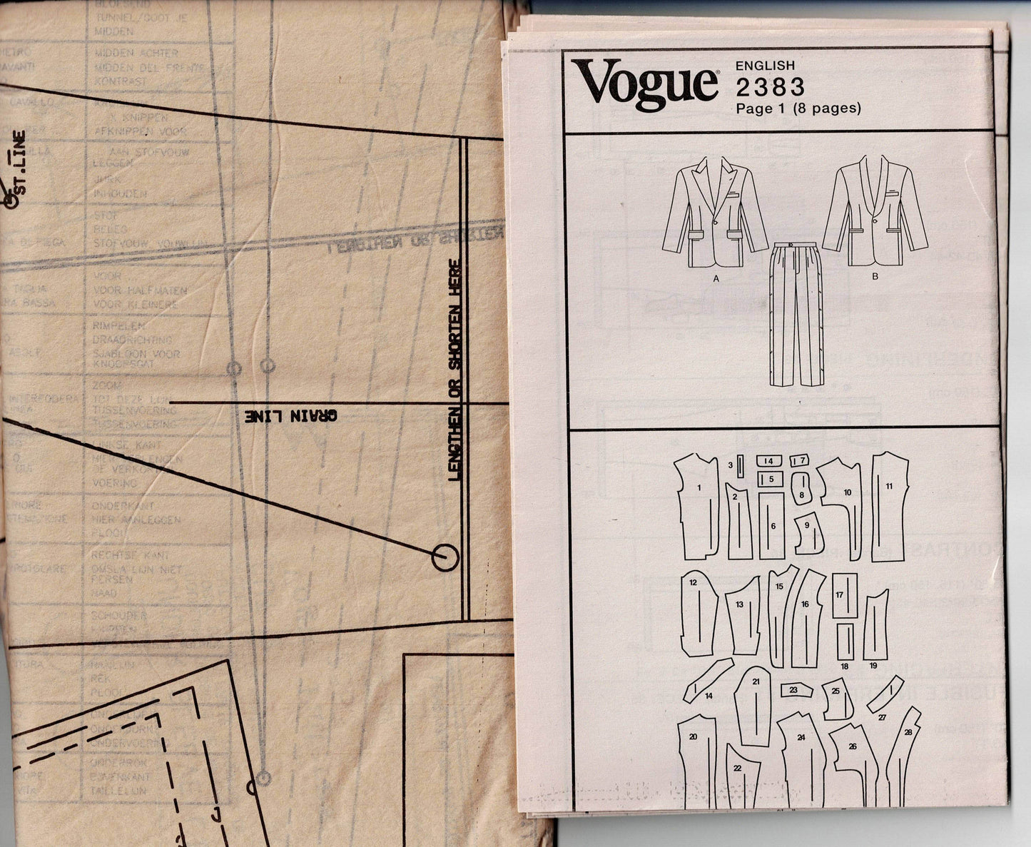 Patrón de costura Vogue 2383 para chaqueta y pantalones a medida para hombre, para fiesta de graduación, boda, talla 32-36, sin cortar, doblado de fábrica