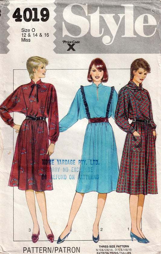 Patrón de costura vintage de los años 80 para vestidos de mujer con mangas dolman y ribete de volantes, estilo 4019, talla 12-16