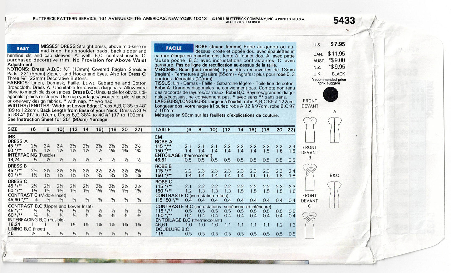 Patrón de costura vintage de los años 90 para vestido con bloques de color Butterick 5433 DAVID WARREN, para mujer, talla 12-16, sin cortar, doblado de fábrica