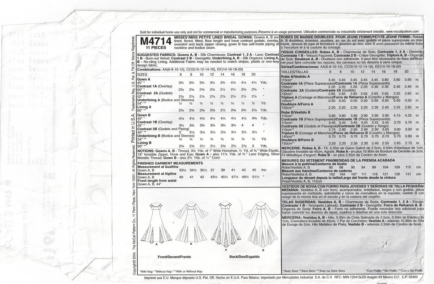 McCall's 4714 ALICYN Womens Off The Shoulder Wedding Bridal Gown with Skirt Godets Out Of Print Sewing Pattern Size 14 - 20 UNCUT Factory Folded