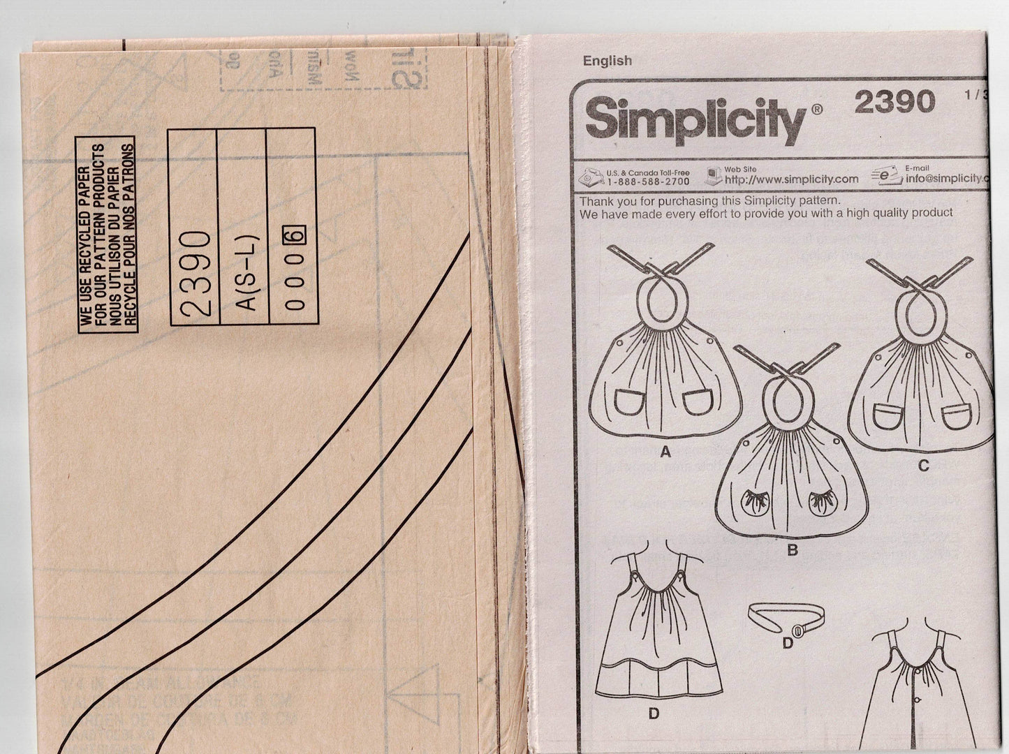 Patrón de costura de delantales de maternidad para mujer Simplicity 2390, agotados, talla 12-20, sin cortar, doblados de fábrica