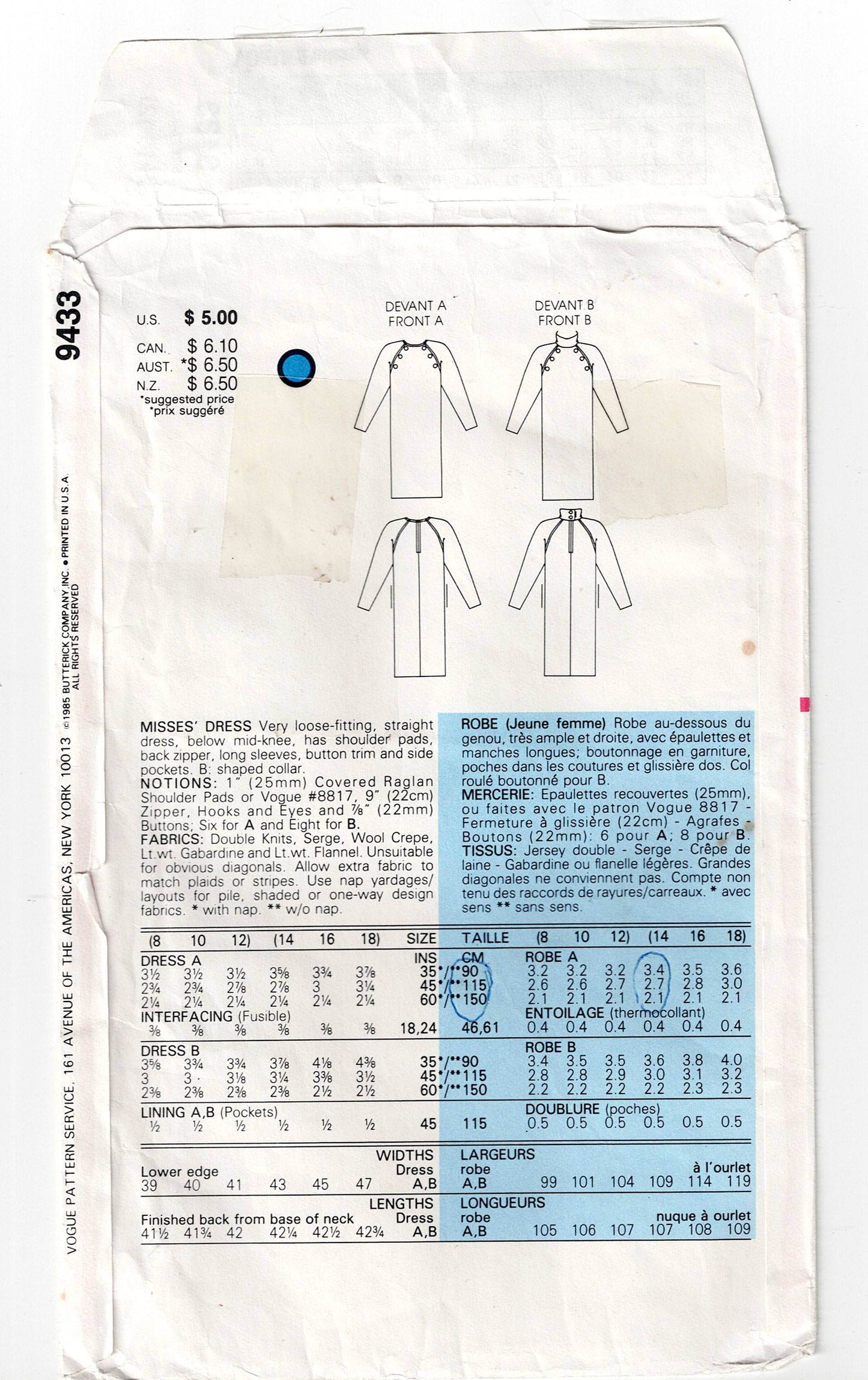 Very Easy Vogue 9433 Womens Raglan Sleeved Dress with Stand Up Collar & Pockets 1980s Vintage Sewing Pattern Size 8 & 10