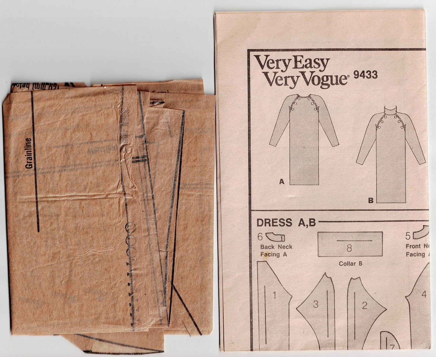 Very Easy Vogue 9433 Womens Raglan Sleeved Dress with Stand Up Collar & Pockets 1980s Vintage Sewing Pattern Size 8 & 10