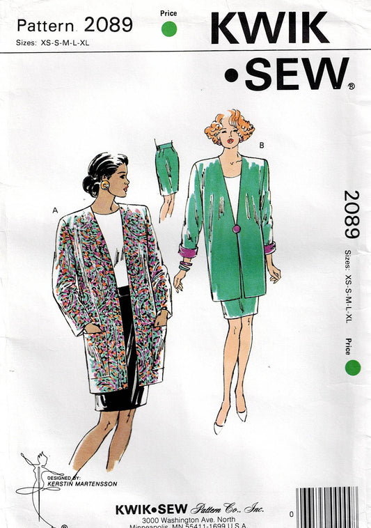 Patrón de costura vintage de los años 90 para chaqueta y falda ajustada para mujer Kwik Sew 2089, tallas XS a XL, sin cortar, doblado de fábrica