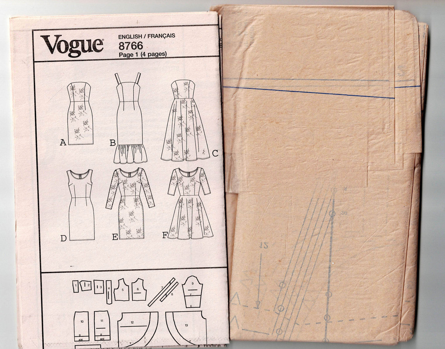 Patrón de costura de vestido ajustado para mujer Vogue Easy Options 8766 con variaciones de falda y mangas, agotado, talla 12-20, sin cortar, doblado de fábrica