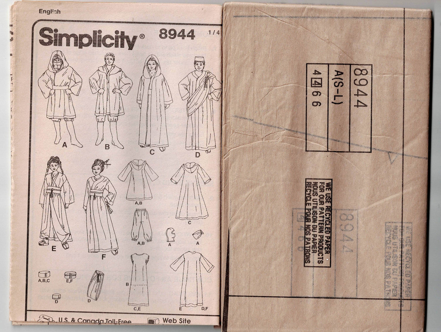 Patrón de costura Simplicity 8944 para kimono de cosplay unisex para hombre y mujer o capa Jedi de Star Wars, agotado, talla XS a XL, sin cortar, doblado de fábrica