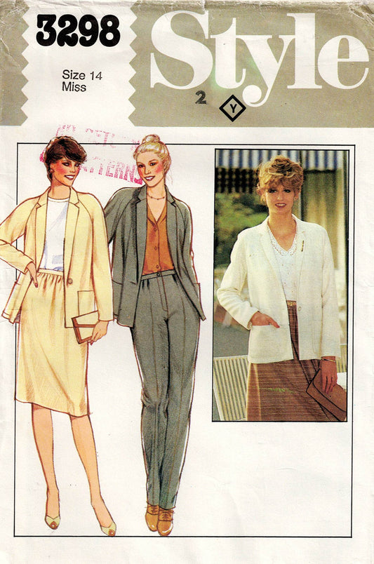 Patrón de costura vintage de los años 80, estilo 3298, para chaqueta, pantalón y falda ajustada para mujer, talla 14, sin cortar, doblado de fábrica