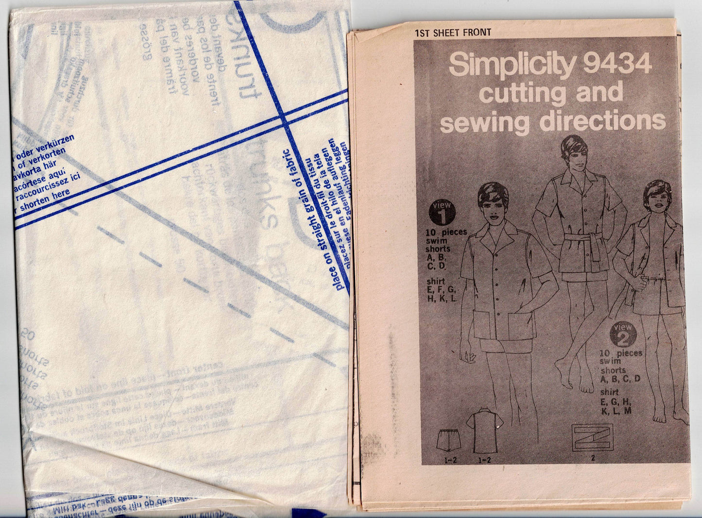 Patrón de costura vintage de los años 70 para pantalones cortos y camisa de baño para hombre Simplicity 9434, pecho de 40 pulgadas