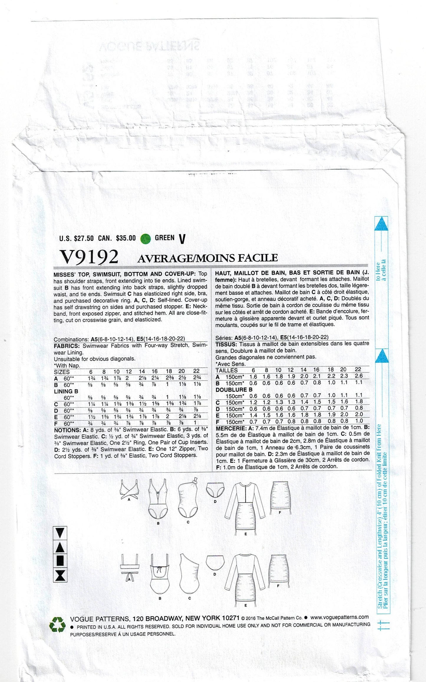 Patrón de costura para trajes de baño, bikini y pareo Vogue V9192 para mujer, tallas 6 a 14 o 14 a 22, sin cortar, doblado de fábrica