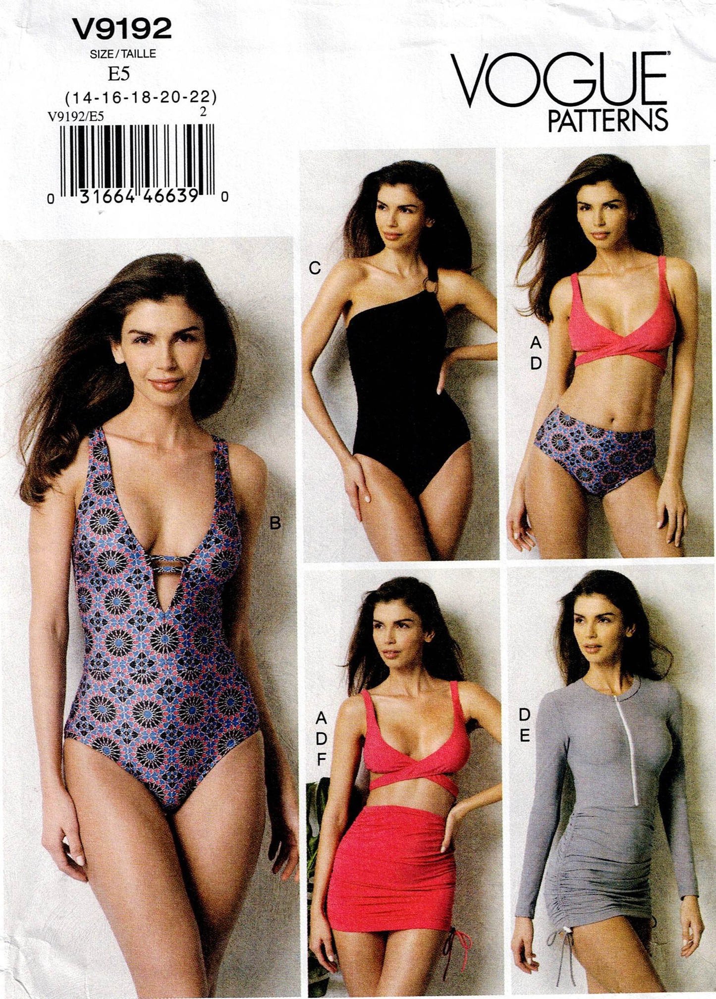 Patrón de costura para trajes de baño, bikini y pareo Vogue V9192 para mujer, tallas 6 a 14 o 14 a 22, sin cortar, doblado de fábrica
