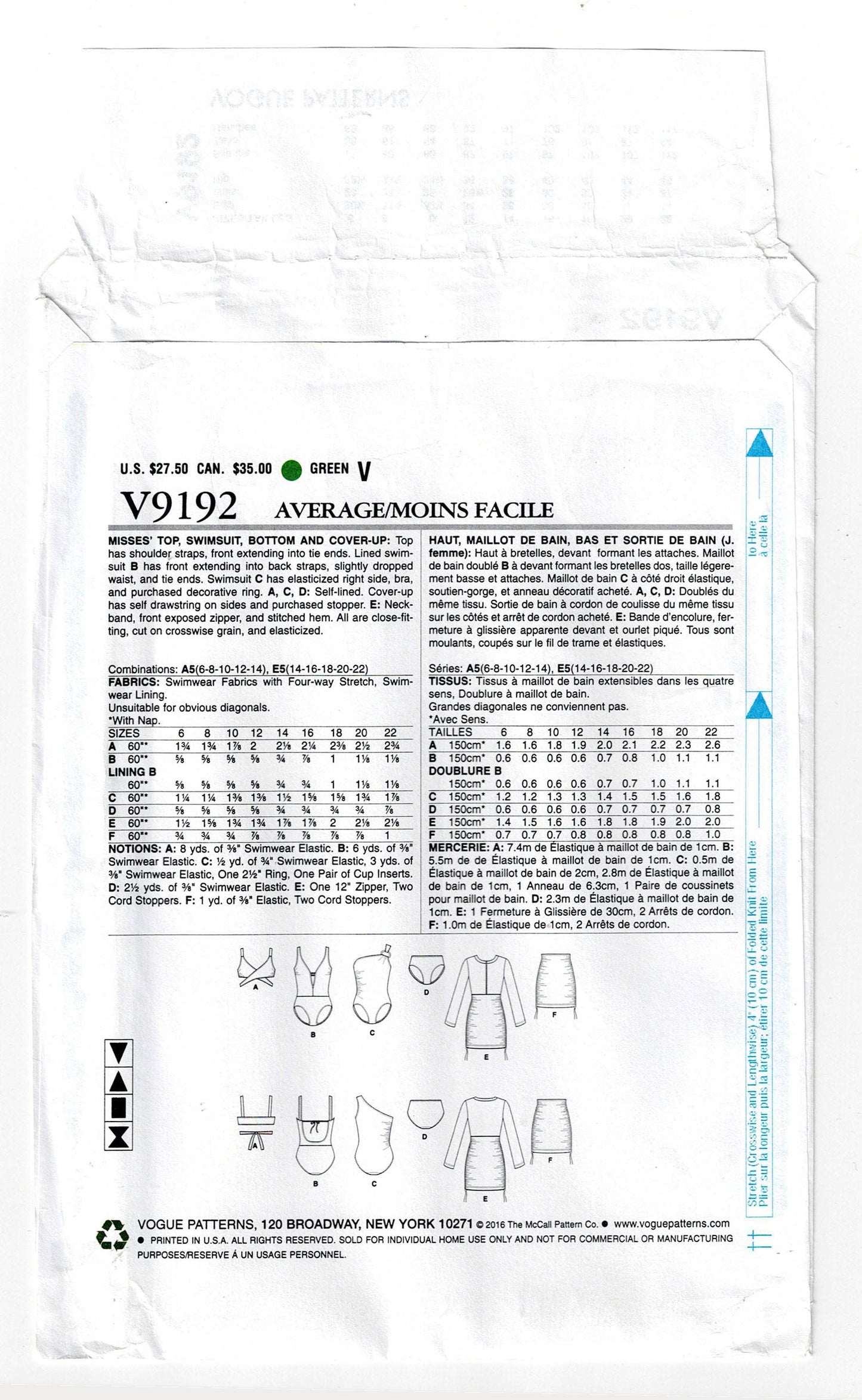 Patrón de costura para trajes de baño, bikini y pareo Vogue V9192 para mujer, tallas 6 a 14 o 14 a 22, sin cortar, doblado de fábrica
