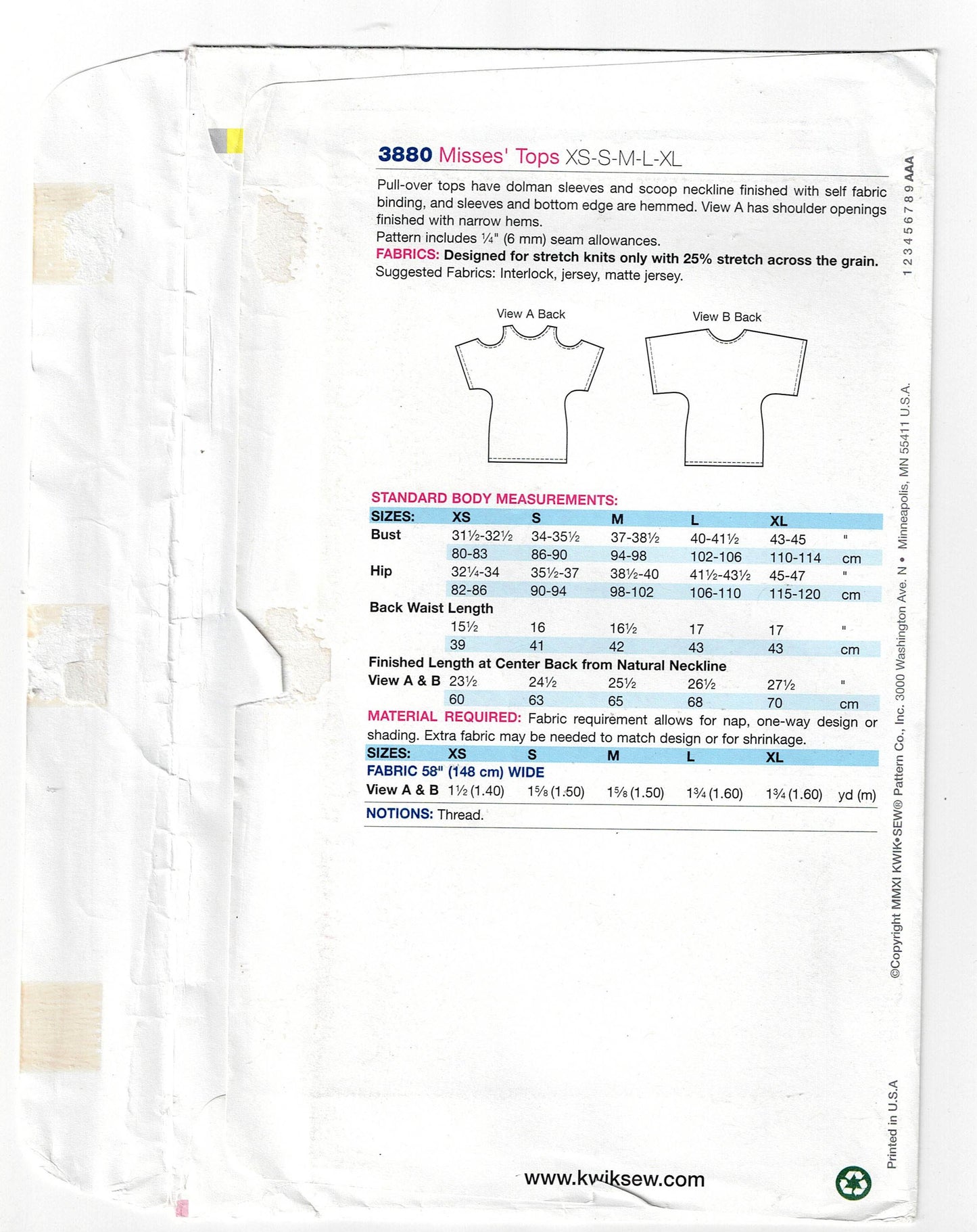 Kwik Sew 3880 Womens Stretch Pullover T Shirt or Bare Shoulder Tops Out Of Print Sewing Pattern Size XS - XL UNCUT Factory Folded