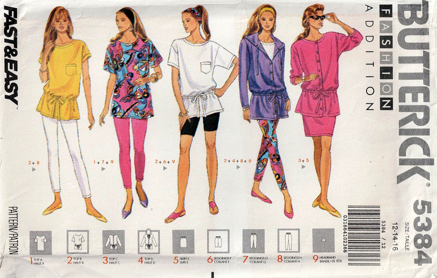 Patrón de costura Butterick 5384 para prendas casuales de punto elástico para mujer, años 90, talla 12-16, sin cortar, doblado de fábrica
