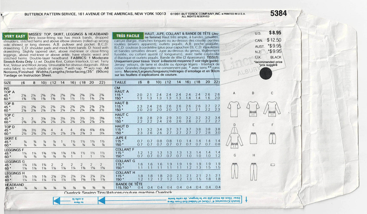 Patrón de costura Butterick 5384 para prendas casuales de punto elástico para mujer, años 90, talla 12-16, sin cortar, doblado de fábrica